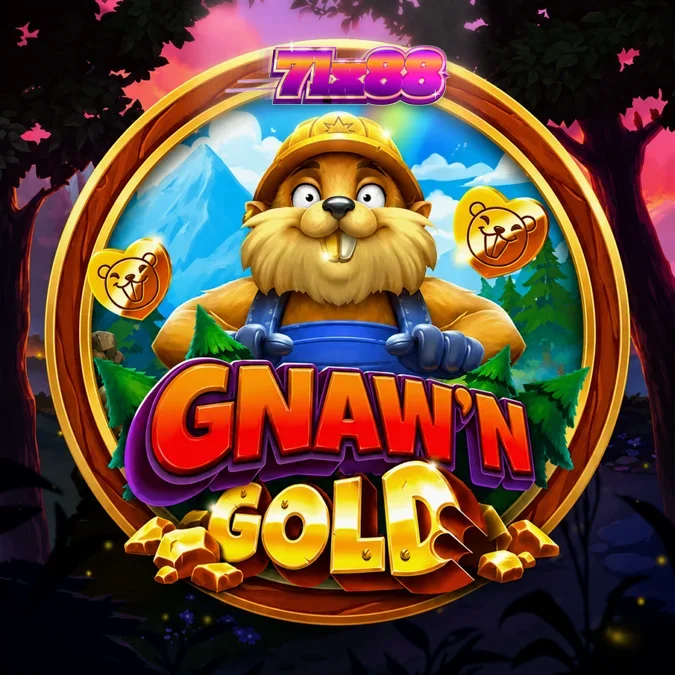 Isang makulay na eksena mula sa Gnaw’n Gold slot na nagpapakita ng mga beaver at mga gintong log sa kagubatan.